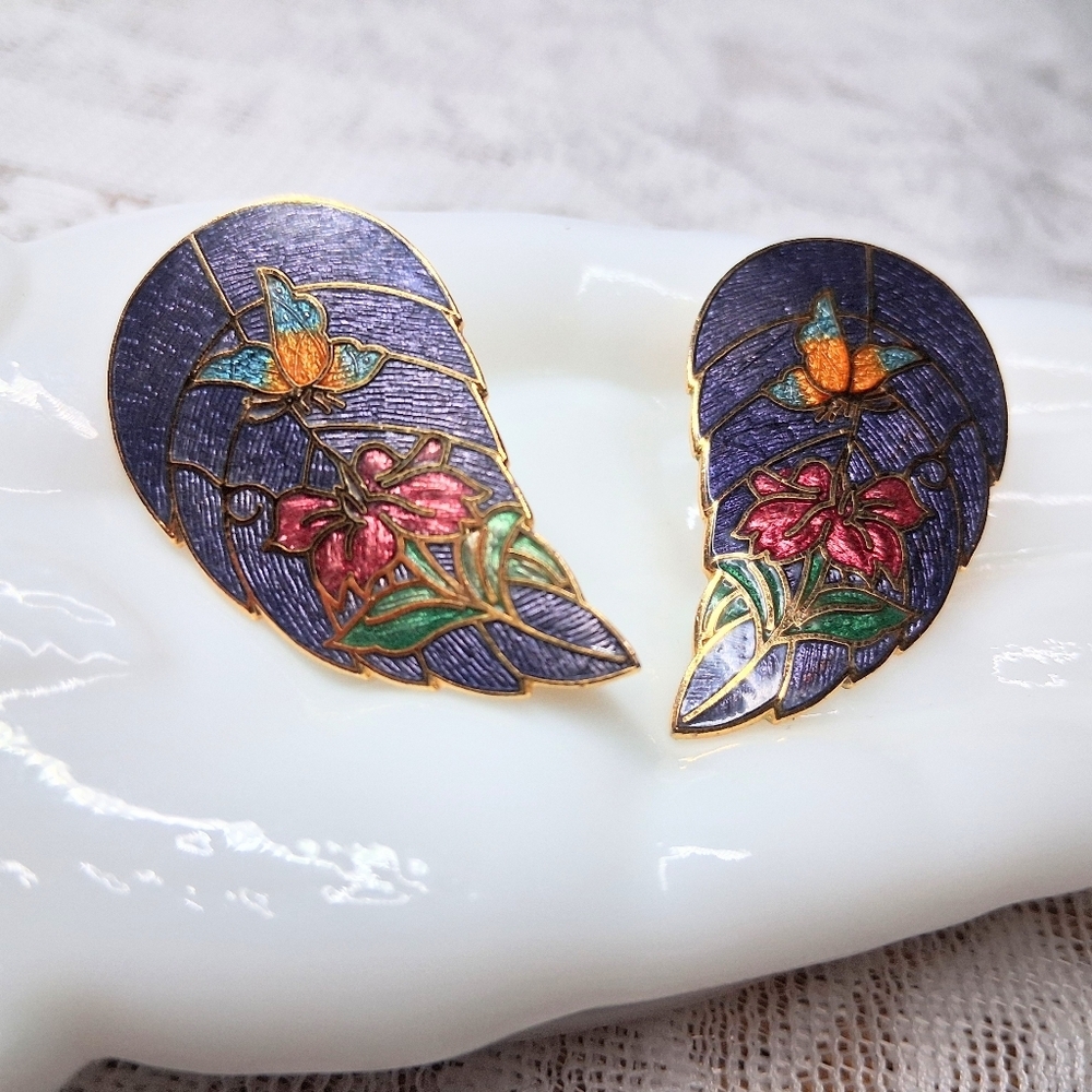 Vintage Cloisonne Earrings Butterfly And Flower Design Leaf Wing Purple Postback